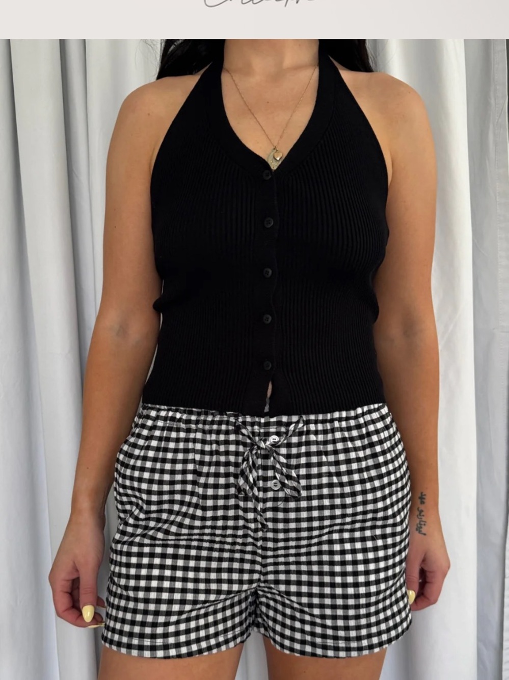 Black Ribbed Button Halter Top - Picture 3 of 7